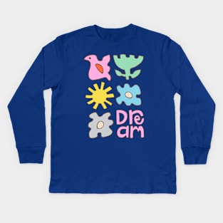 DREAM Uplifting Lettering with Bird Sun Flowers - UnBlink Studio by Jackie Tahara Kids Long Sleeve T-Shirt